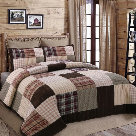 Patchwork Plaid Quilted Pillow Shams 2pc Brown Trim Rustic Cabin Farmhouse plaid - Picture 13 of 14